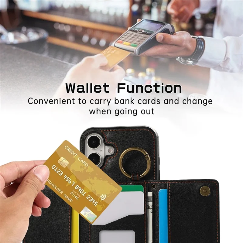 For iPhone 16 Leather Back Cover Zipper Wallet Kickstand Phone Case with Shoulder Strap - Black