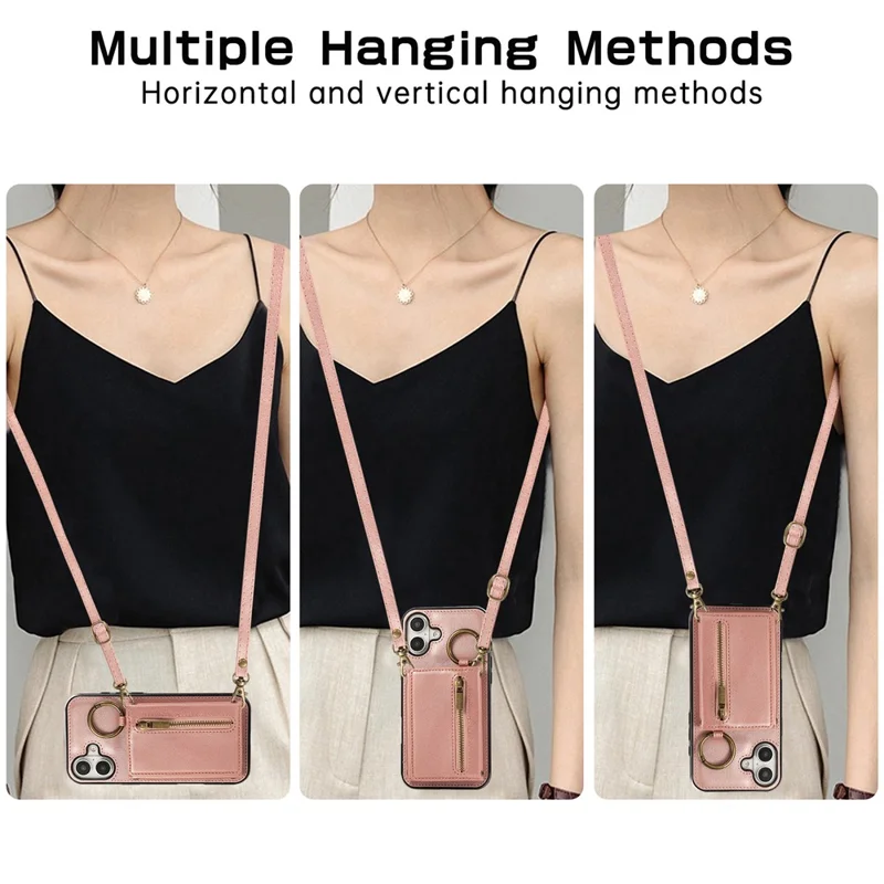 For iPhone 16 Leather Back Cover Zipper Wallet Kickstand Phone Case with Shoulder Strap - Pink