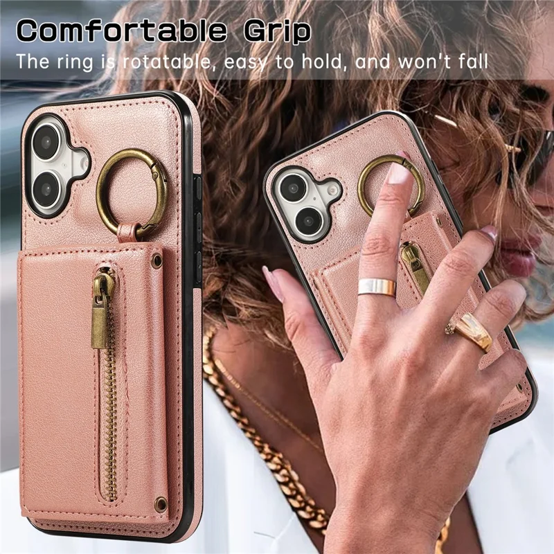 For iPhone 16 Leather Back Cover Zipper Wallet Kickstand Phone Case with Shoulder Strap - Pink