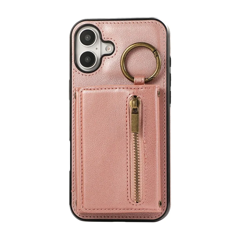 For iPhone 16 Leather Back Cover Zipper Wallet Kickstand Phone Case with Shoulder Strap - Pink