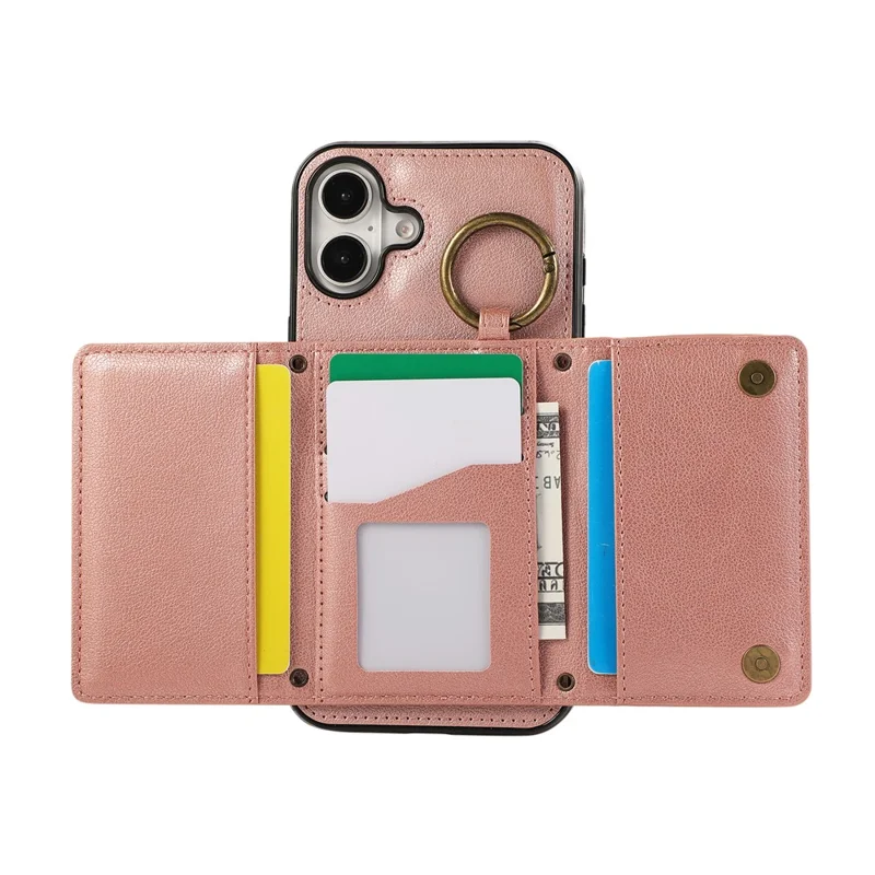 For iPhone 16 Leather Back Cover Zipper Wallet Kickstand Phone Case with Shoulder Strap - Pink
