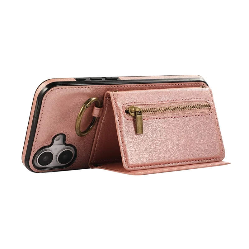 For iPhone 16 Leather Back Cover Zipper Wallet Kickstand Phone Case with Shoulder Strap - Pink