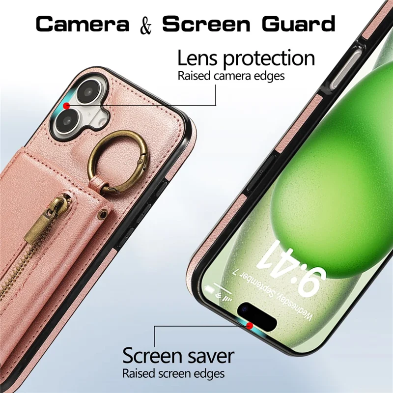 For iPhone 16 Leather Back Cover Zipper Wallet Kickstand Phone Case with Shoulder Strap - Pink