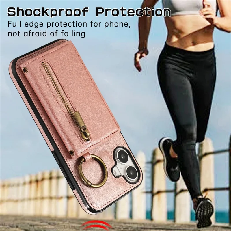For iPhone 16 Leather Back Cover Zipper Wallet Kickstand Phone Case with Shoulder Strap - Pink