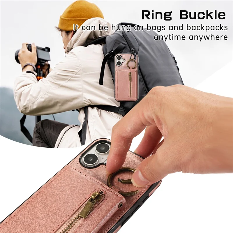 For iPhone 16 Leather Back Cover Zipper Wallet Kickstand Phone Case with Shoulder Strap - Pink