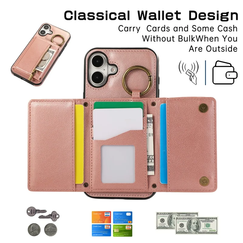 For iPhone 16 Leather Back Cover Zipper Wallet Kickstand Phone Case with Shoulder Strap - Pink