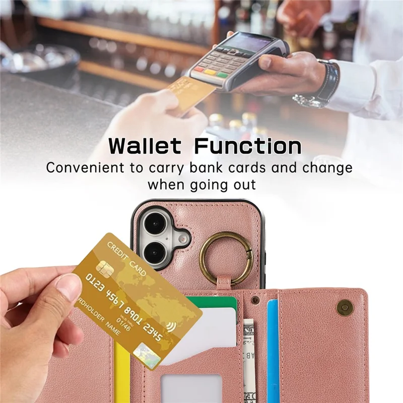 For iPhone 16 Leather Back Cover Zipper Wallet Kickstand Phone Case with Shoulder Strap - Pink