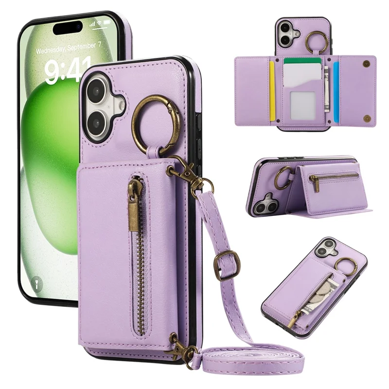 For iPhone 16 Leather Back Cover Zipper Wallet Kickstand Phone Case with Shoulder Strap - Purple