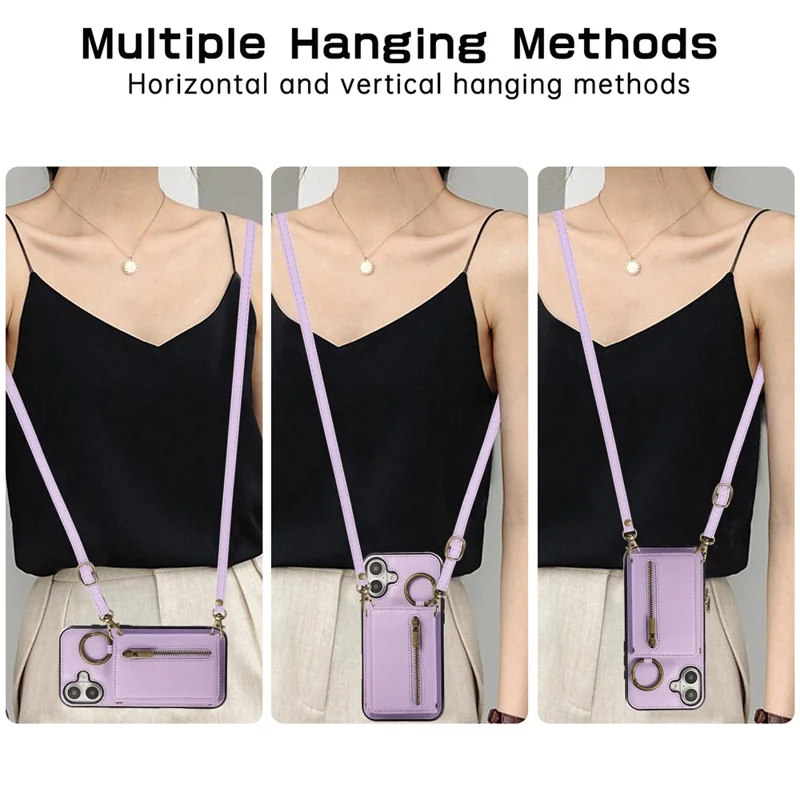 For iPhone 16 Leather Back Cover Zipper Wallet Kickstand Phone Case with Shoulder Strap - Purple