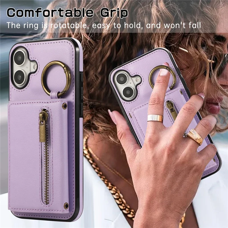 For iPhone 16 Leather Back Cover Zipper Wallet Kickstand Phone Case with Shoulder Strap - Purple