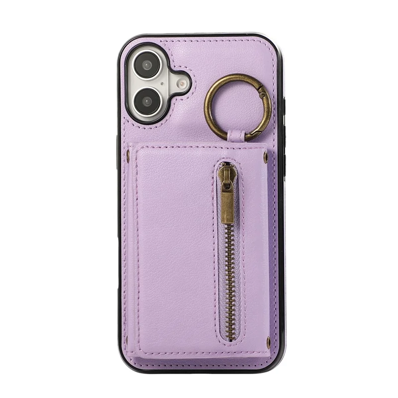 For iPhone 16 Leather Back Cover Zipper Wallet Kickstand Phone Case with Shoulder Strap - Purple
