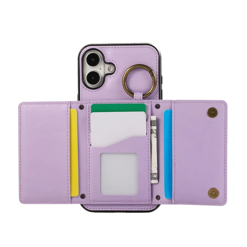 For iPhone 16 Leather Back Cover Zipper Wallet Kickstand Phone Case with Shoulder Strap - Purple