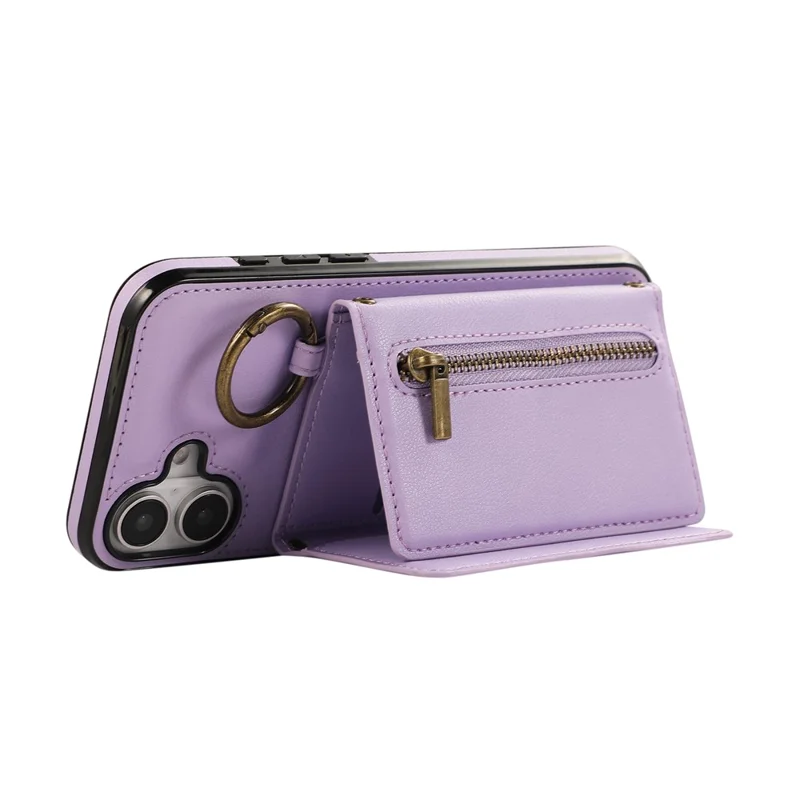 For iPhone 16 Leather Back Cover Zipper Wallet Kickstand Phone Case with Shoulder Strap - Purple
