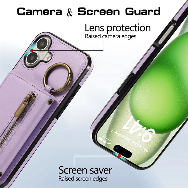 For iPhone 16 Leather Back Cover Zipper Wallet Kickstand Phone Case with Shoulder Strap - Purple
