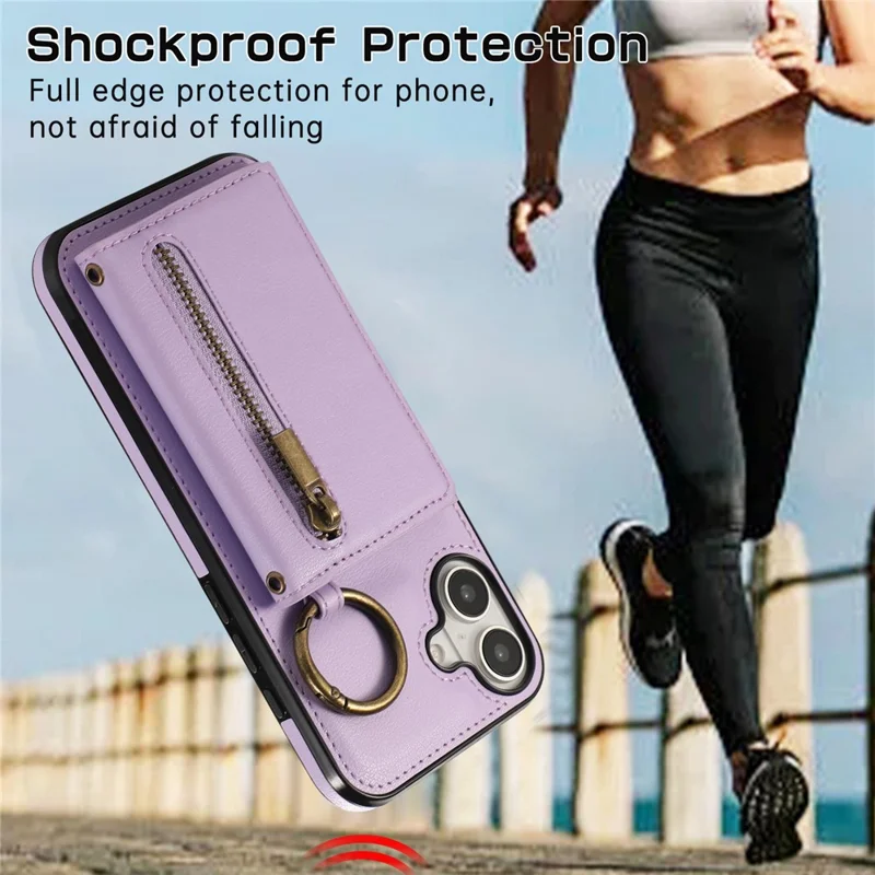 For iPhone 16 Leather Back Cover Zipper Wallet Kickstand Phone Case with Shoulder Strap - Purple