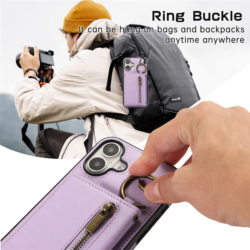 For iPhone 16 Leather Back Cover Zipper Wallet Kickstand Phone Case with Shoulder Strap - Purple