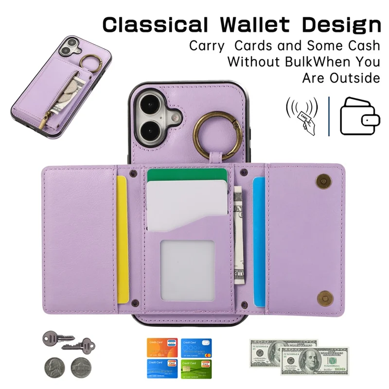 For iPhone 16 Leather Back Cover Zipper Wallet Kickstand Phone Case with Shoulder Strap - Purple