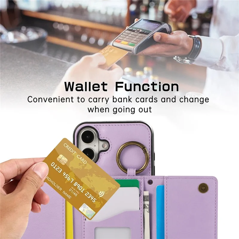 For iPhone 16 Leather Back Cover Zipper Wallet Kickstand Phone Case with Shoulder Strap - Purple