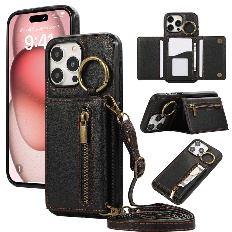 For iPhone 15 Pro Max Leather Back Cover Zipper Wallet Kickstand Phone Case with Shoulder Strap - Black