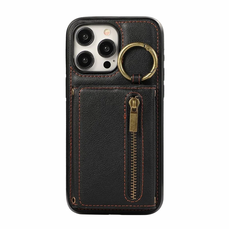 For iPhone 15 Pro Max Leather Back Cover Zipper Wallet Kickstand Phone Case with Shoulder Strap - Black