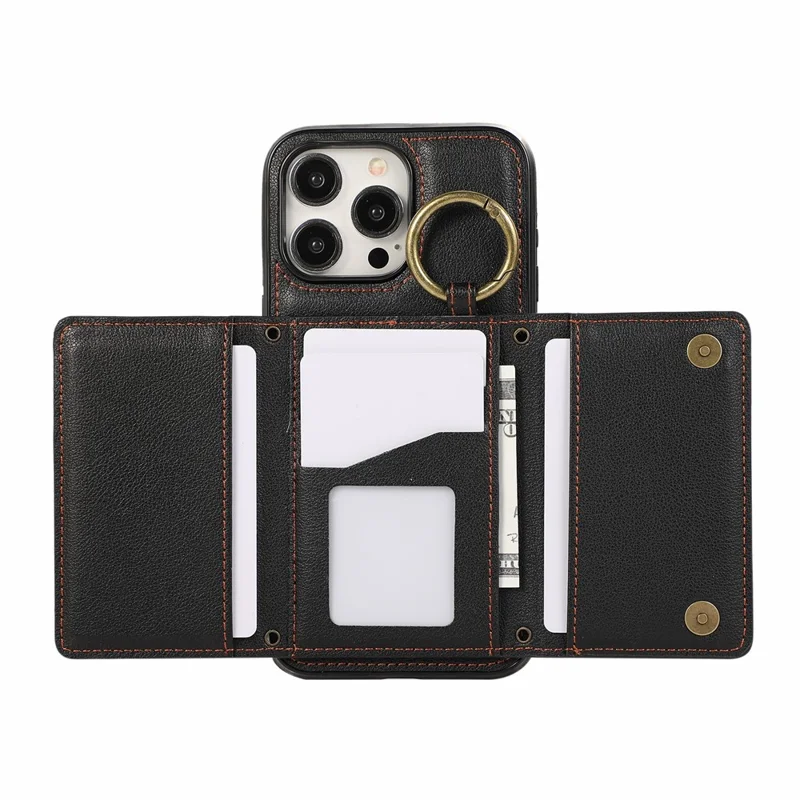 For iPhone 15 Pro Max Leather Back Cover Zipper Wallet Kickstand Phone Case with Shoulder Strap - Black