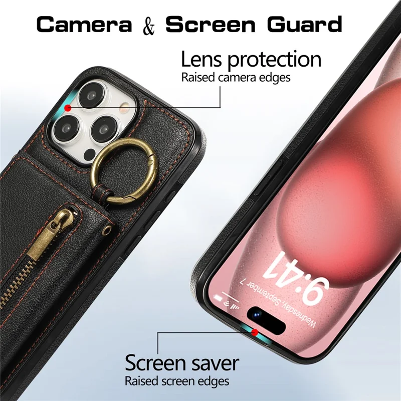 For iPhone 15 Pro Max Leather Back Cover Zipper Wallet Kickstand Phone Case with Shoulder Strap - Black