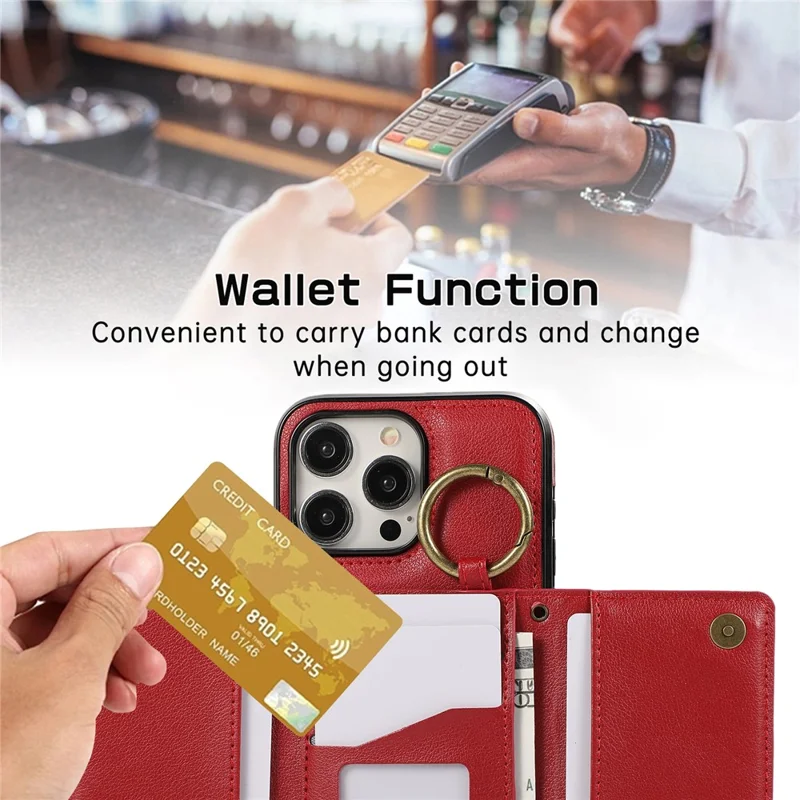 For iPhone 15 Pro Leather Back Cover Zipper Wallet Kickstand Phone Case with Shoulder Strap - Red