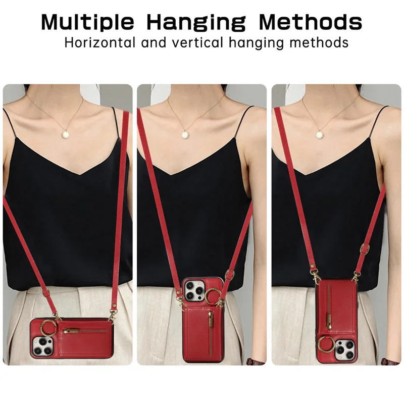For iPhone 15 Pro Leather Back Cover Zipper Wallet Kickstand Phone Case with Shoulder Strap - Red