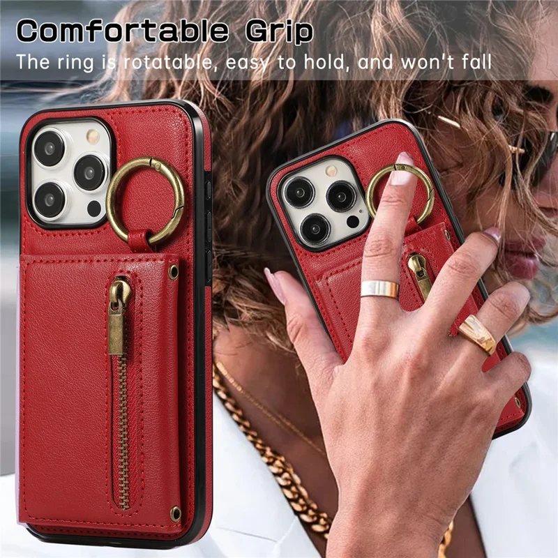 For iPhone 15 Pro Leather Back Cover Zipper Wallet Kickstand Phone Case with Shoulder Strap - Red