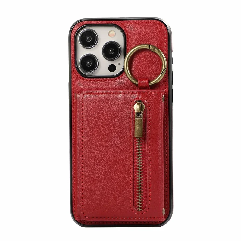For iPhone 15 Pro Leather Back Cover Zipper Wallet Kickstand Phone Case with Shoulder Strap - Red