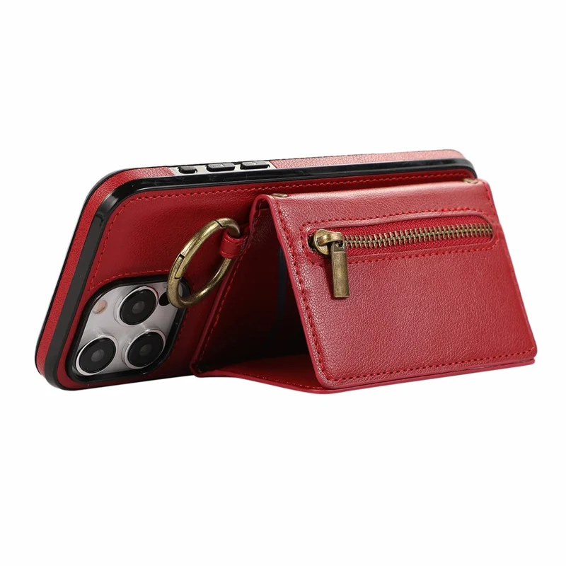 For iPhone 15 Pro Leather Back Cover Zipper Wallet Kickstand Phone Case with Shoulder Strap - Red