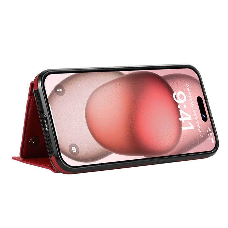 For iPhone 15 Pro Leather Back Cover Zipper Wallet Kickstand Phone Case with Shoulder Strap - Red