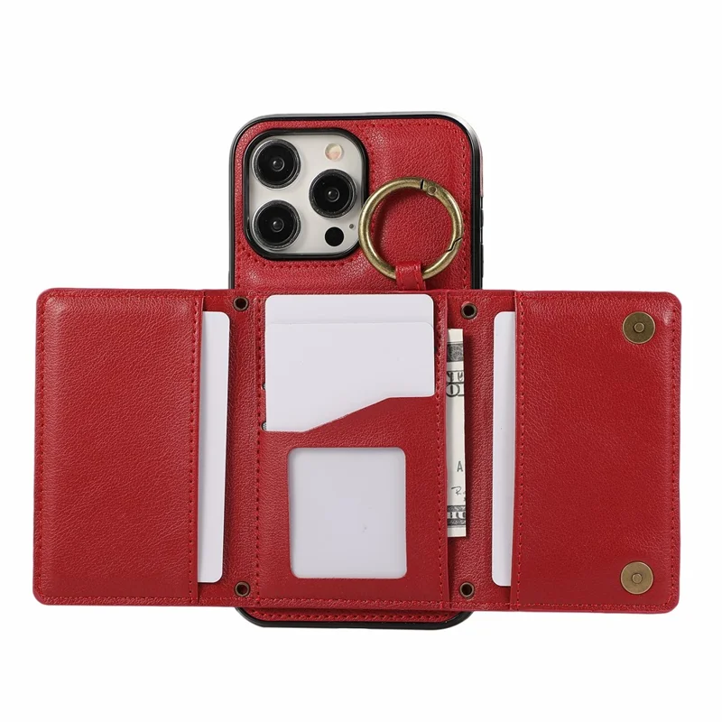 For iPhone 15 Pro Leather Back Cover Zipper Wallet Kickstand Phone Case with Shoulder Strap - Red
