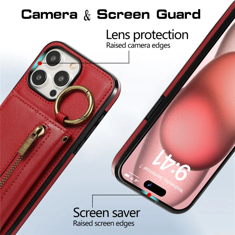For iPhone 15 Pro Leather Back Cover Zipper Wallet Kickstand Phone Case with Shoulder Strap - Red
