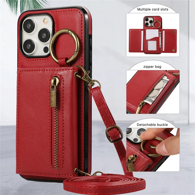 For iPhone 15 Pro Leather Back Cover Zipper Wallet Kickstand Phone Case with Shoulder Strap - Red