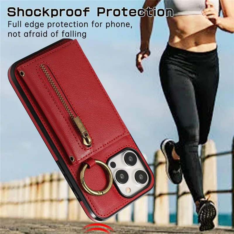 For iPhone 15 Pro Leather Back Cover Zipper Wallet Kickstand Phone Case with Shoulder Strap - Red