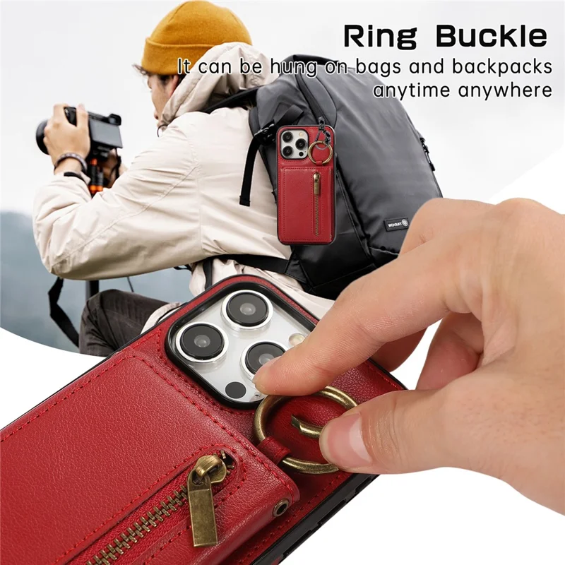 For iPhone 15 Pro Leather Back Cover Zipper Wallet Kickstand Phone Case with Shoulder Strap - Red