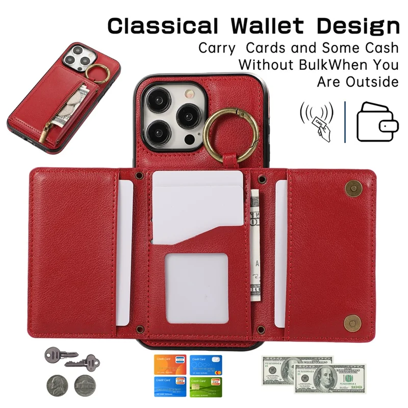 For iPhone 15 Pro Leather Back Cover Zipper Wallet Kickstand Phone Case with Shoulder Strap - Red