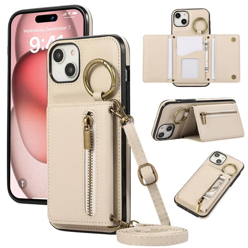 For iPhone 15 Leather Back Cover Zipper Wallet Kickstand Phone Case with Shoulder Strap - Beige