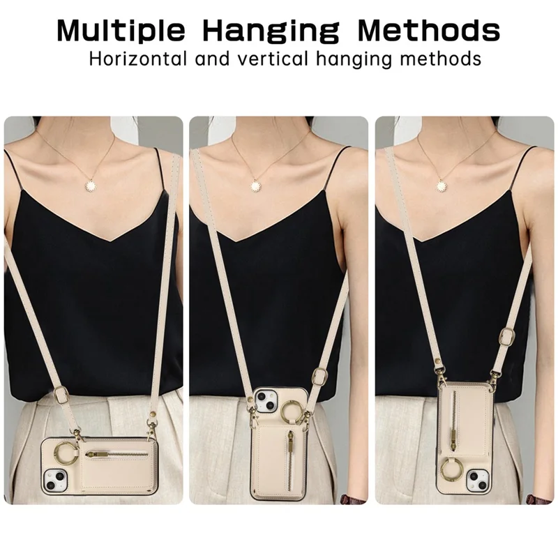 For iPhone 15 Leather Back Cover Zipper Wallet Kickstand Phone Case with Shoulder Strap - Beige