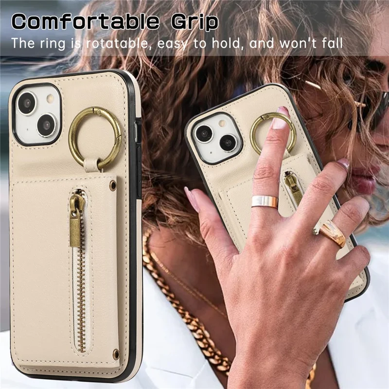 For iPhone 15 Leather Back Cover Zipper Wallet Kickstand Phone Case with Shoulder Strap - Beige