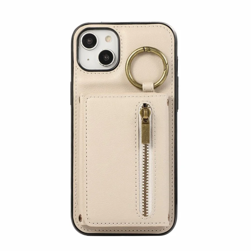 For iPhone 15 Leather Back Cover Zipper Wallet Kickstand Phone Case with Shoulder Strap - Beige