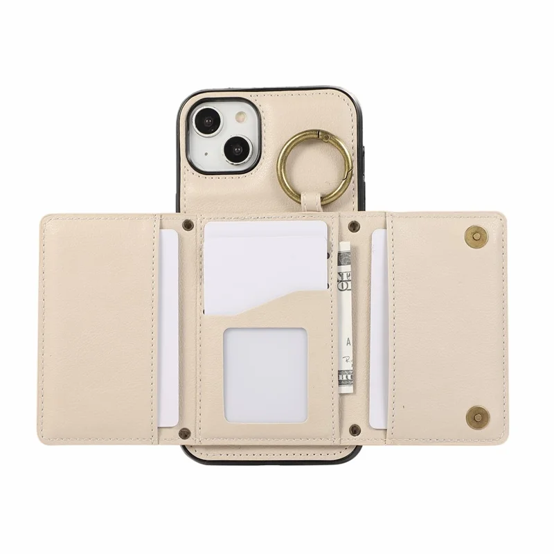For iPhone 15 Leather Back Cover Zipper Wallet Kickstand Phone Case with Shoulder Strap - Beige