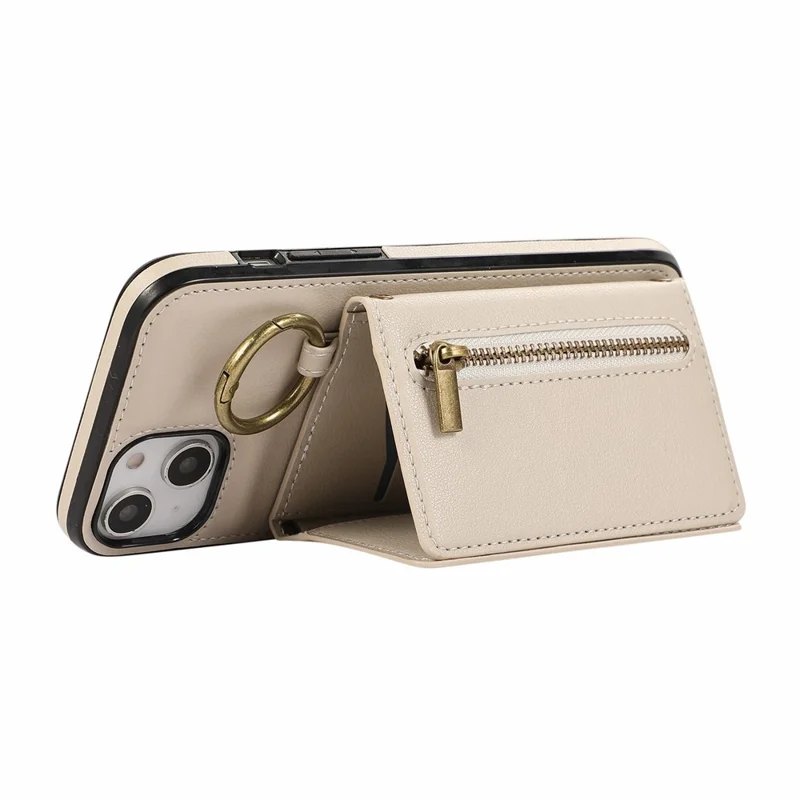 For iPhone 15 Leather Back Cover Zipper Wallet Kickstand Phone Case with Shoulder Strap - Beige