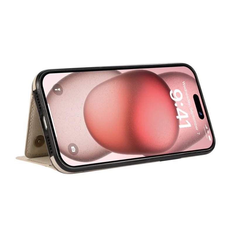 For iPhone 15 Leather Back Cover Zipper Wallet Kickstand Phone Case with Shoulder Strap - Beige