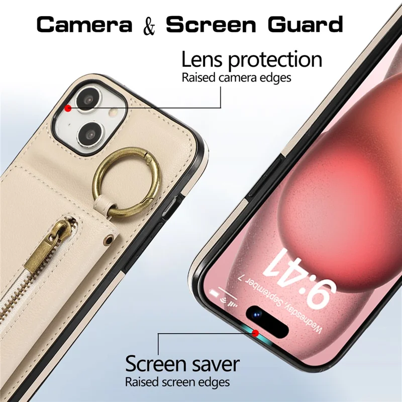 For iPhone 15 Leather Back Cover Zipper Wallet Kickstand Phone Case with Shoulder Strap - Beige
