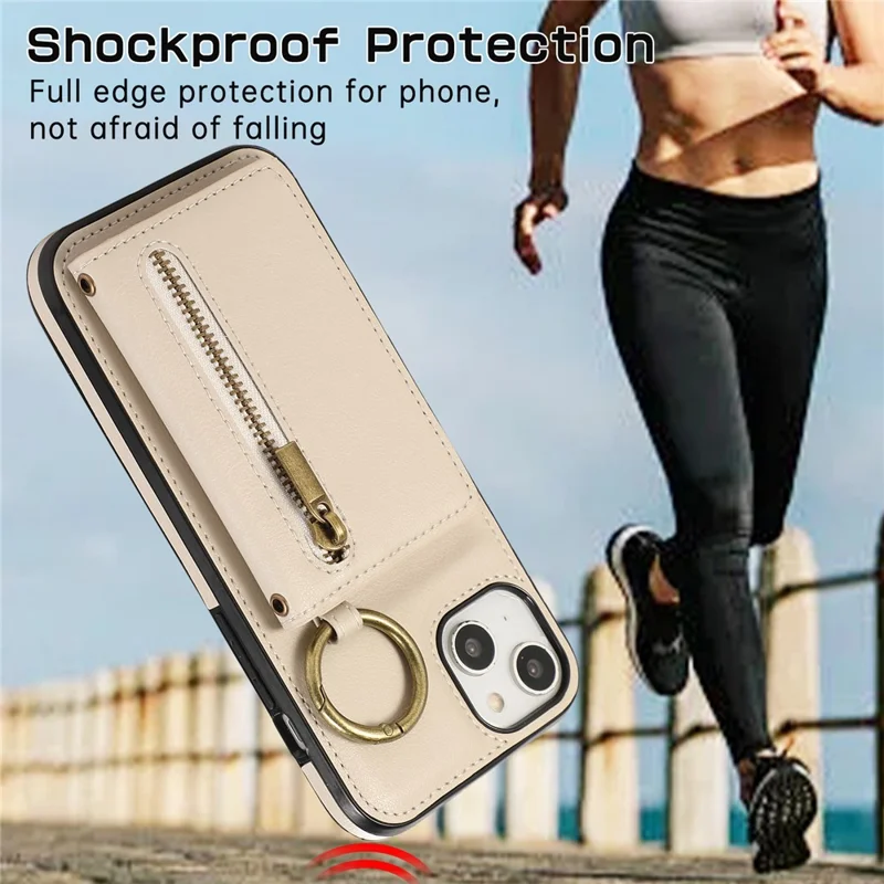 For iPhone 15 Leather Back Cover Zipper Wallet Kickstand Phone Case with Shoulder Strap - Beige