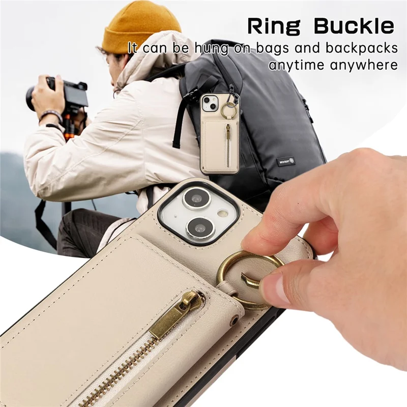 For iPhone 15 Leather Back Cover Zipper Wallet Kickstand Phone Case with Shoulder Strap - Beige