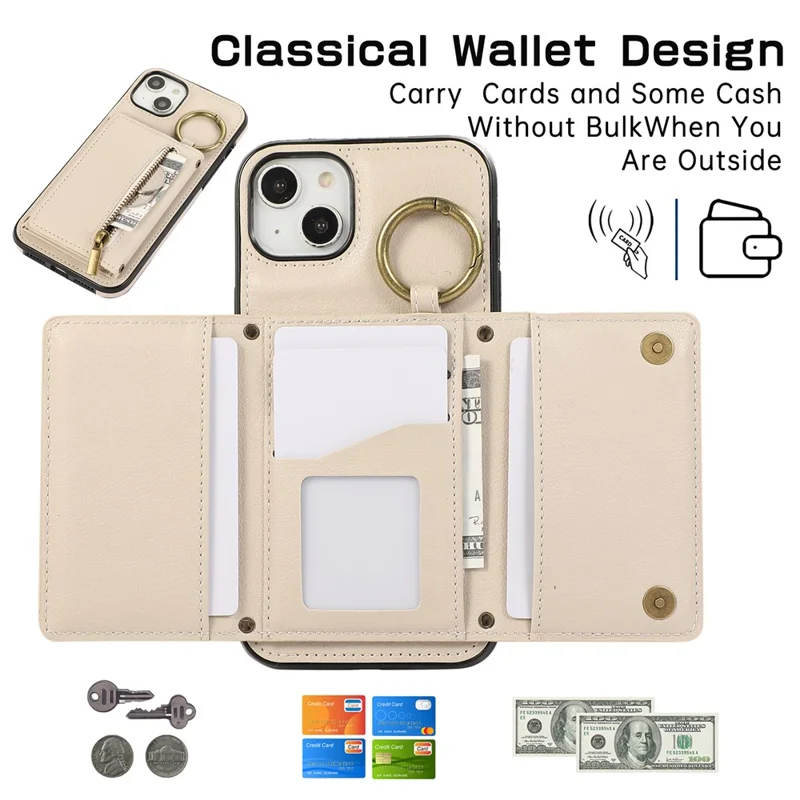 For iPhone 15 Leather Back Cover Zipper Wallet Kickstand Phone Case with Shoulder Strap - Beige