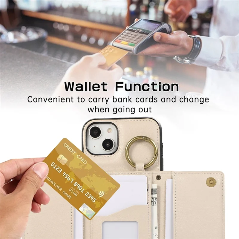 For iPhone 15 Leather Back Cover Zipper Wallet Kickstand Phone Case with Shoulder Strap - Beige